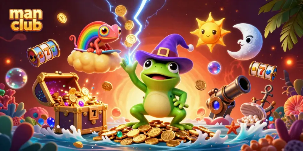 Experience thrilling wins at the man club with a magical scene of coins raining down and exciting casino elements.
