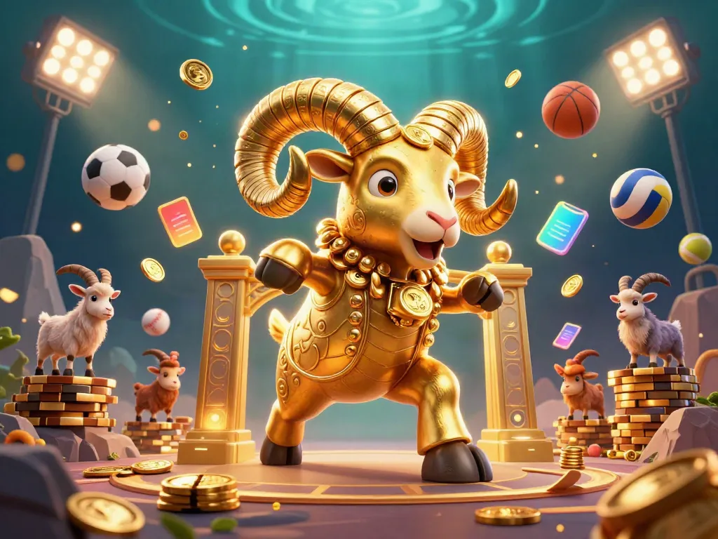 Bet big with 123 b in a vibrant casino scene featuring a golden ram and dynamic sports elements.