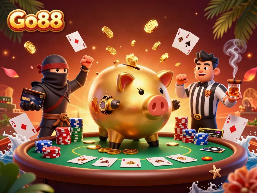 Go88 promotional scene with a golden piggy bank sumo wrestler and vibrant poker elements.