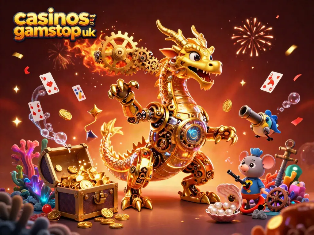 Engage with casinos not on gamstop uk's captivating gaming experience featuring a golden dragon and treasures.