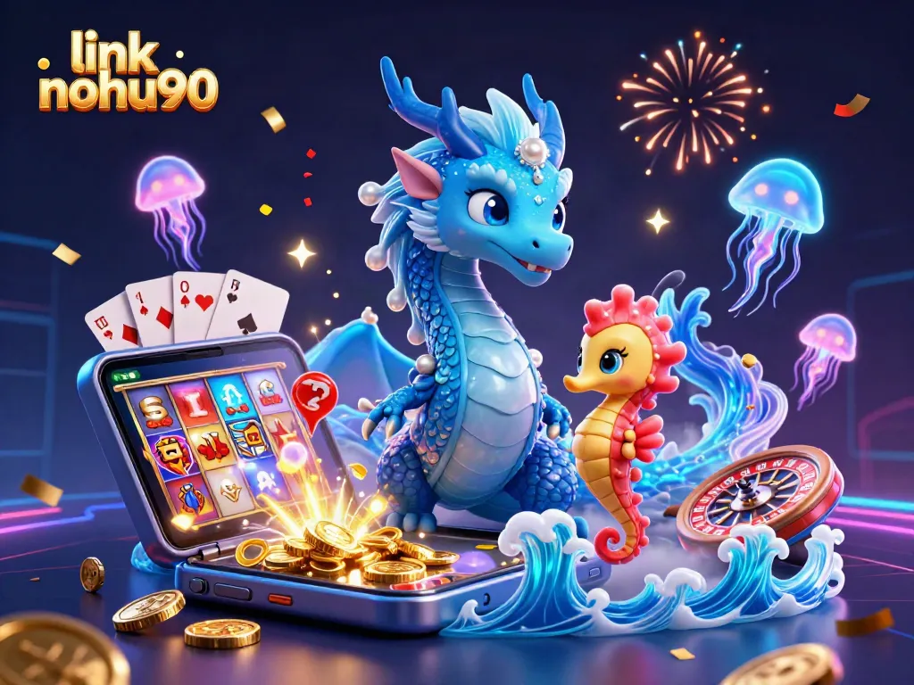 Experience the excitement of winning with link nohu90 showcasing dragon, seahorse knight, and jellyfish in a dynamic casino scene.
