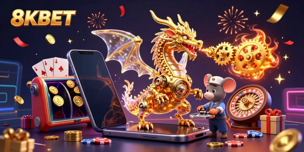 Engage with the thrilling 8KBET experience featuring a golden dragon in an exciting casino scene.