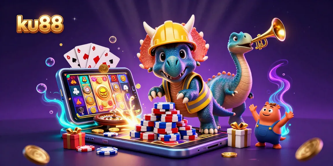 ku88 game's vibrant slot action with triceratops and festive scenes capturing online gaming excitement.
