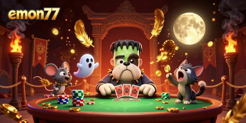 Experience thrilling casino card games with emon77 featuring a lively 3D scene of characters and colorful elements.