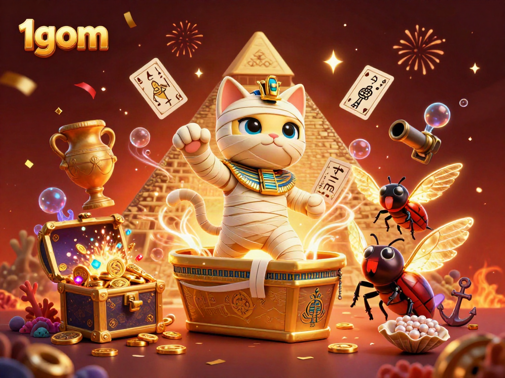 Experience thrilling action with 1gom as the Egyptian mummy cat bursts into a vibrant pyramid casino.