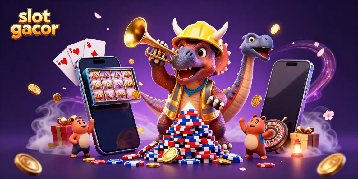 Ilustrasi slot gacor dengan triceratops membangun piramida chip poker, merayakan dengan detail ceria.