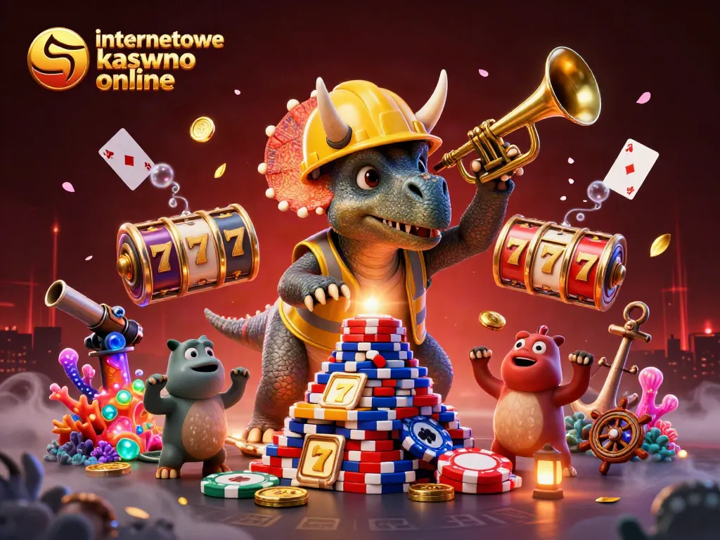 Experience excitement at the internetowe kasyno online as the triceratops builds a poker chip pyramid amidst vibrant casino elements.