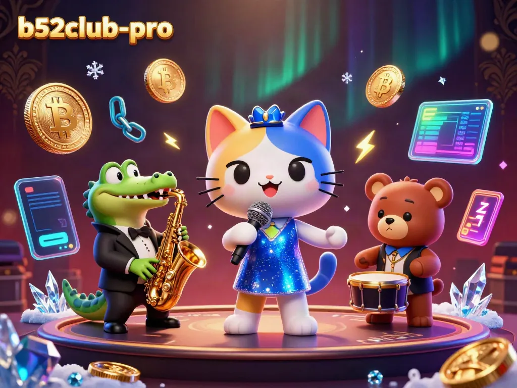 Experience the excitement at b52club-pro with a vibrant casino scene featuring a jazzy trio and glowing cryptocurrency elements.