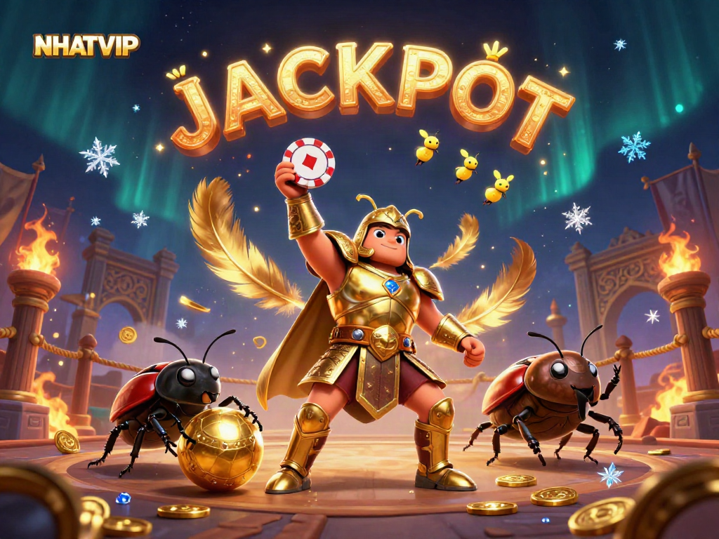 Celebrate NHATVIP with a 3D illustration featuring a heroic beetle lifting a poker chip in a vibrant casino scene.
