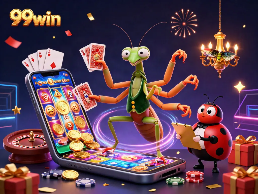 Engage with 99win's vibrant casino scene featuring a 3D mantis, ladybug boss, and dynamic gaming elements.