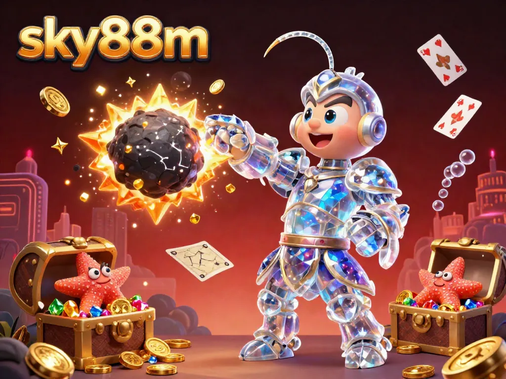 Join the excitement at sky88m, where a vibrant 3D mantis shrimp battles for golden gems in a casino-themed scene.