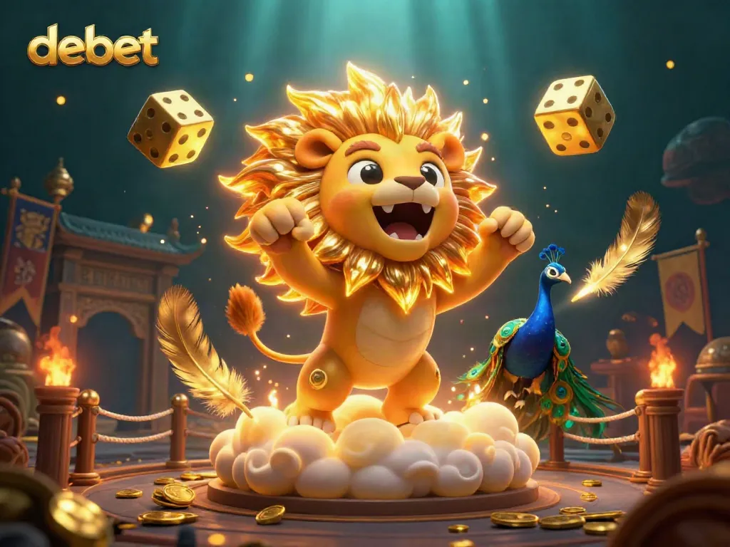 Engage in thrilling action at debet's vibrant casino scene with golden dice and roaring lion.