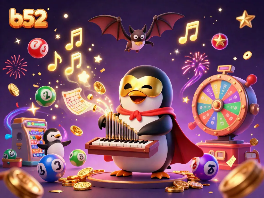 Experience epic winnings at b52 with a captivating scene of a penguin and lottery elements in a dynamic casino setting