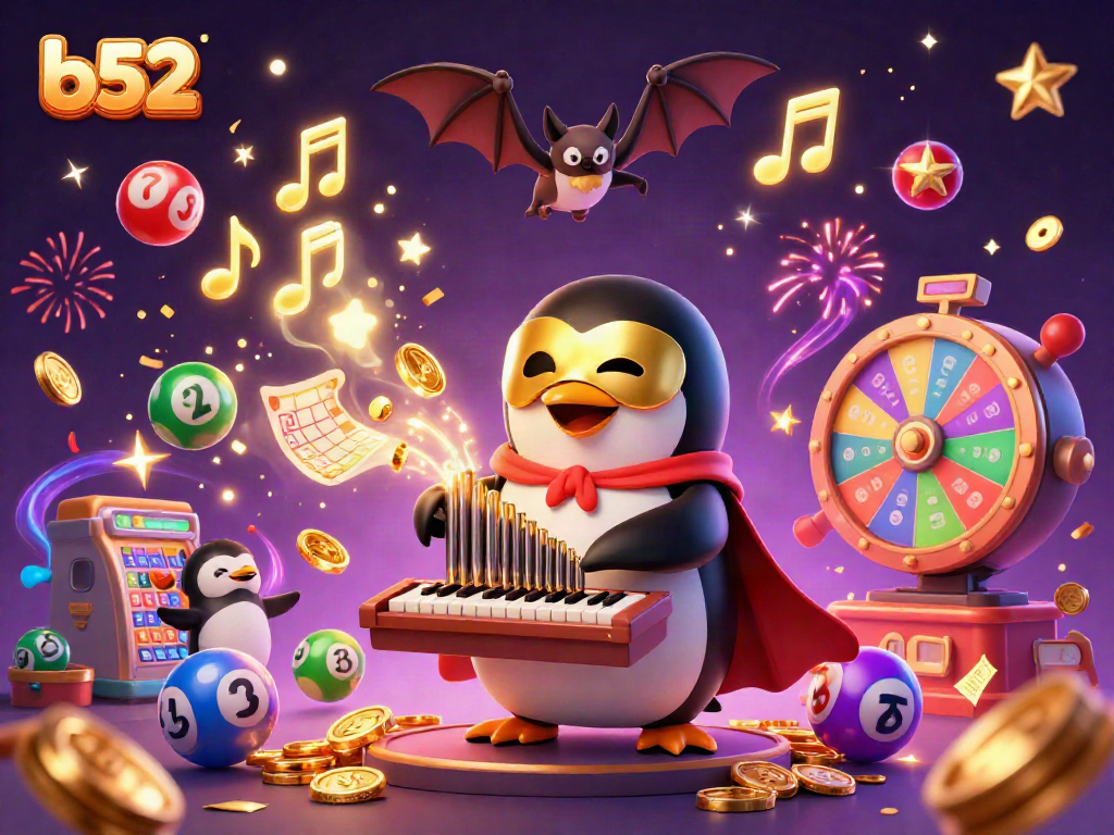 Experience epic winnings at b52 with a captivating scene of a penguin and lottery elements in a dynamic casino setting