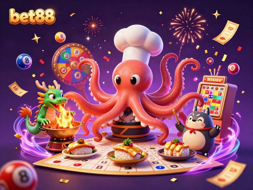 Engage with exciting games at bet88 with a vibrant 3D illustration showcasing a dynamic scene filled with casino-themed elements.