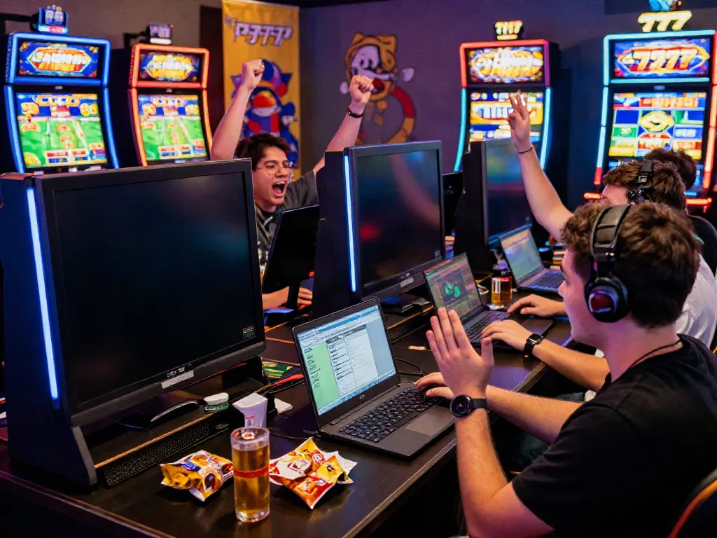 Players celebrating wins at a vibrant slot777 online gaming event, showcasing community and excitement.