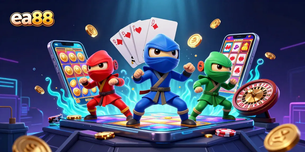 Experience thrilling gameplay with ea88 as ninja chameleons showcase slot gaming excitement amidst vibrant casino elements.