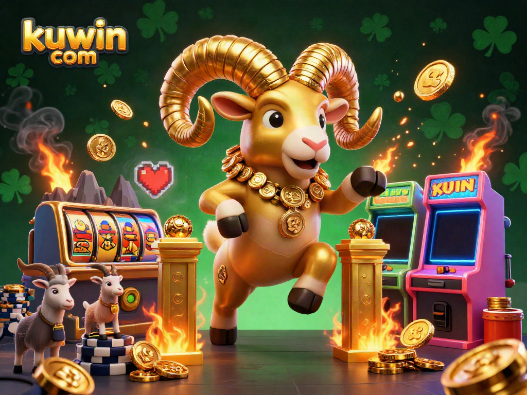 Engage with kuwin com in this vibrant 3D depiction of a golden ram charging towards fortune, surrounded by slot games and arcade excitement.