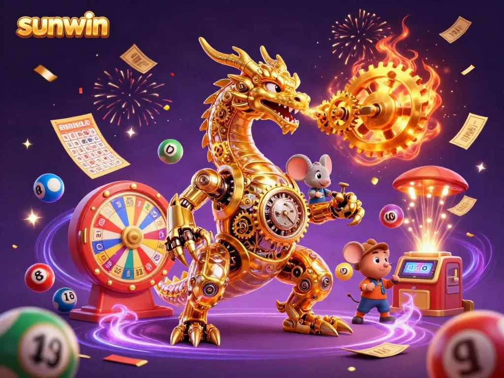 Experience excitement with sunwin's animated dragon and colorful gaming elements in a casino setting.
