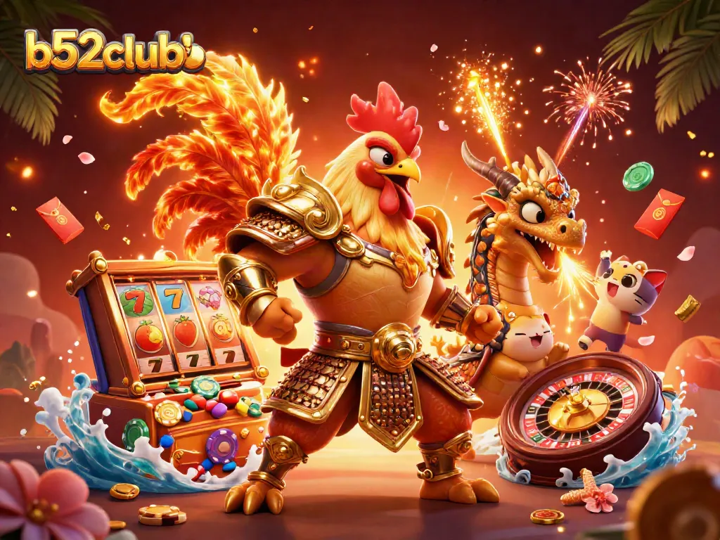 Spin to win at b52clubb with a vibrant casino scene featuring dynamic characters and colorful gaming elements.