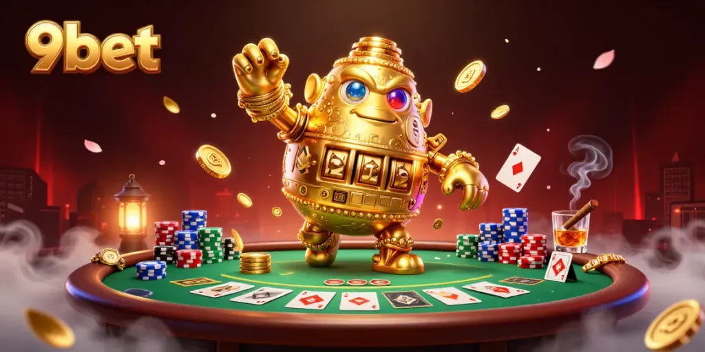 Experience thrilling casino action with 9bet's vibrant 3D golden golem and poker scene.