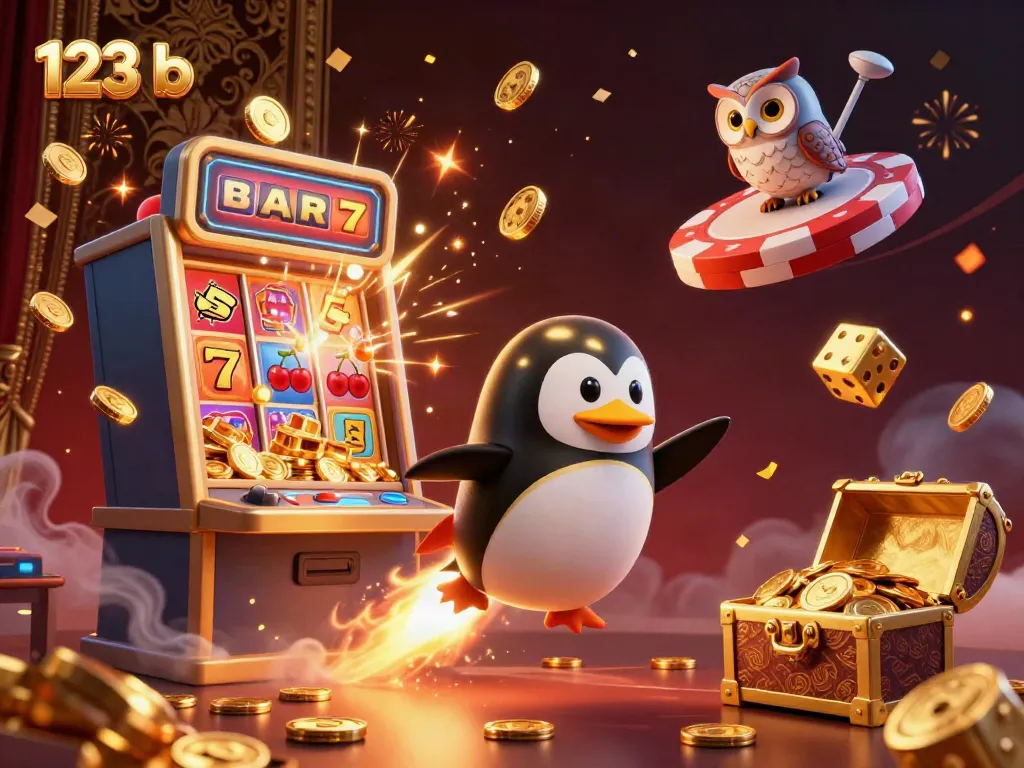 Engage with 123 b as a rocket-powered penguin launches into gambling excitement with vibrant casino elements.