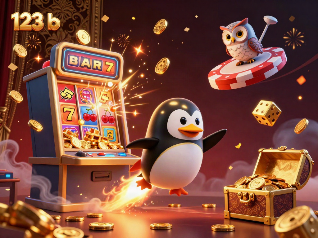 Engage with 123 b as a rocket-powered penguin launches into gambling excitement with vibrant casino elements.