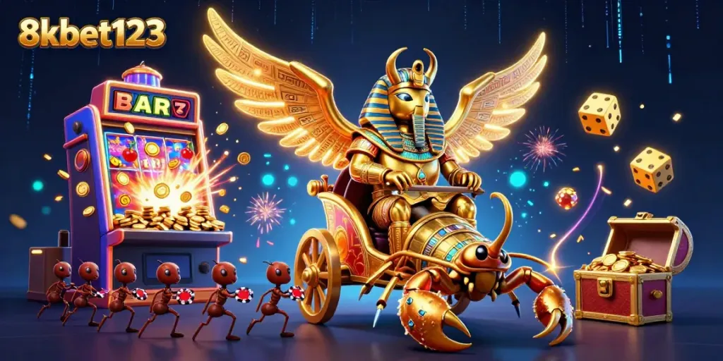 Engage with the thrilling casino world at 8xbet123 featuring a golden scarab beetle and dynamic gaming elements.