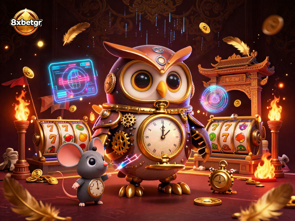 Experience the excitement of 8xbetgr with a dynamic 3D casino scene featuring an owl and steampunk details.