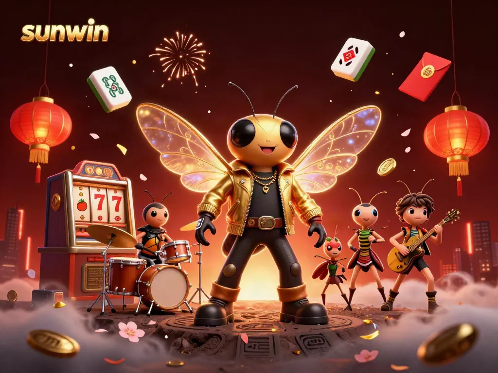 Sunwin rock star character rocking a vibrant casino scene with slot machines and festive elements.