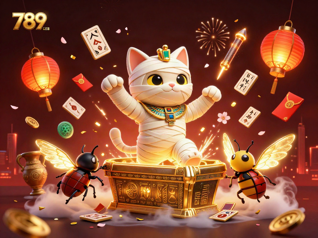 Engage with 789CLUB in a vibrant, packed casino scene featuring a mummy cat and glowing elements.