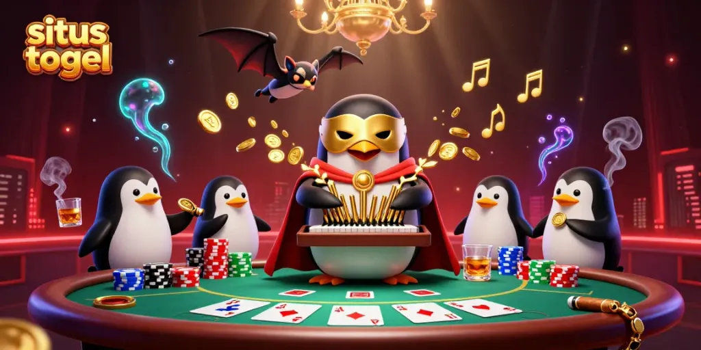 Situs togel casino scene with penguin playing organ and bat acrobat, showcasing gambling elements.