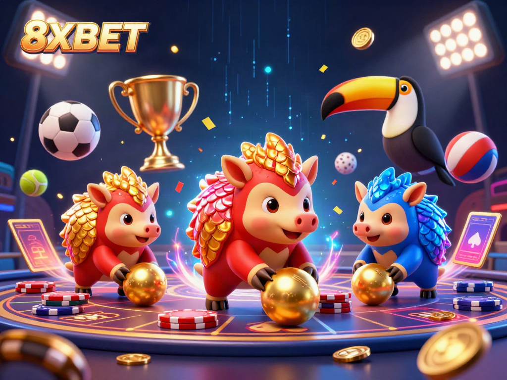 Experience thrilling moments at 8XBET with dynamic pangolins, poker chips, and sports balls in action.