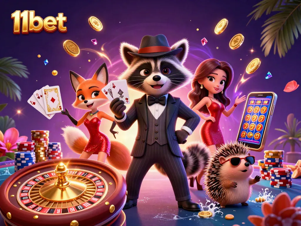 Join the fun at 11bet, featuring a suave raccoon and his fox companion amidst dazzling casino elements.
