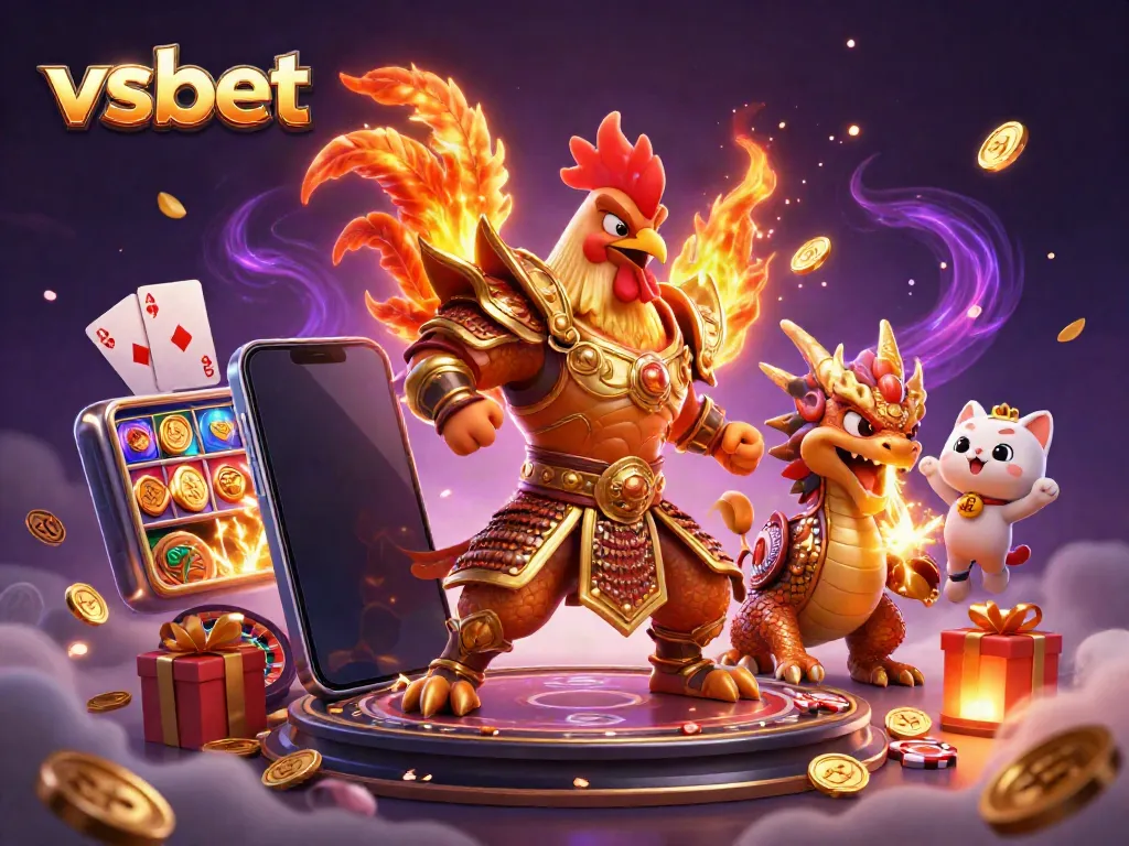 Unleash winning strategies at vsbet with dynamic fighting rooster, dragon, and casino elements.