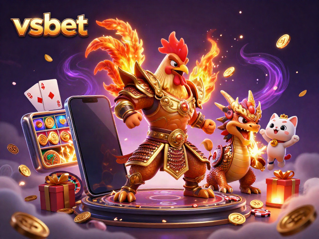 Unleash winning strategies at vsbet with dynamic fighting rooster, dragon, and casino elements.