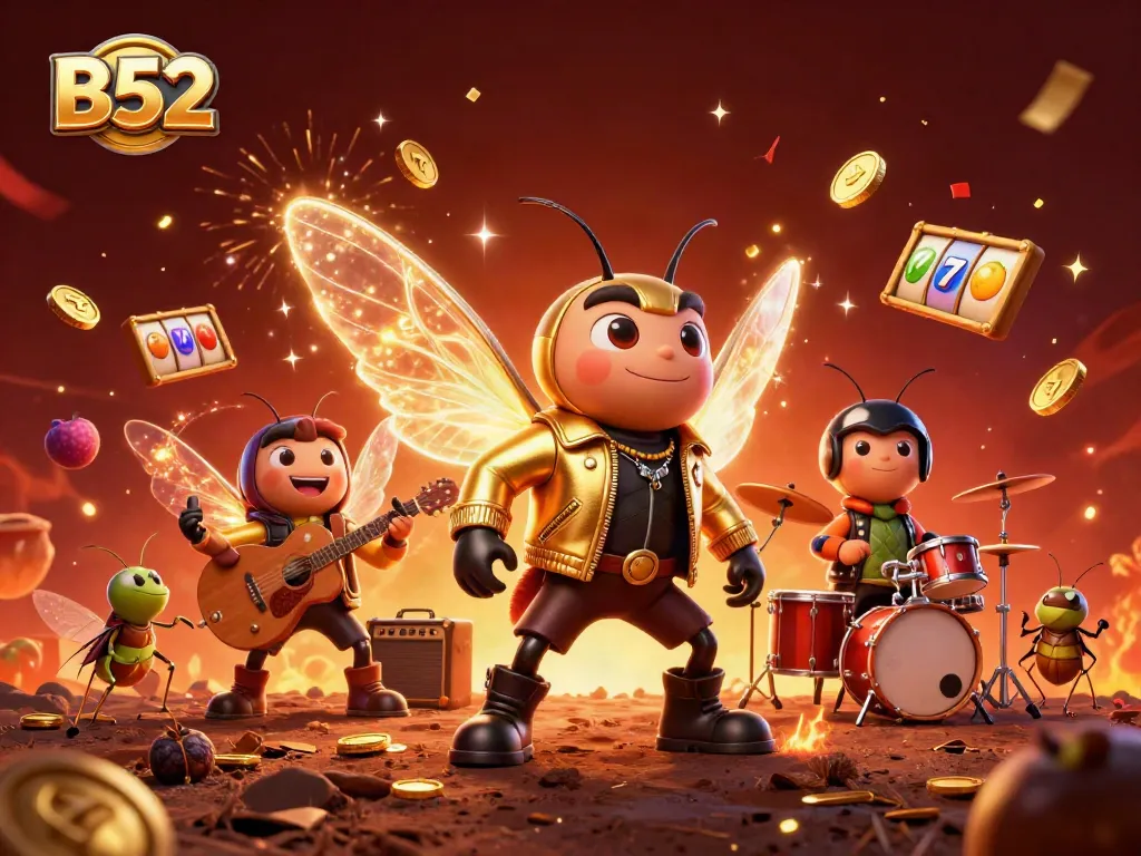 B52 casino scene featuring a rock star cicada and dynamic slot elements for an engaging gaming experience