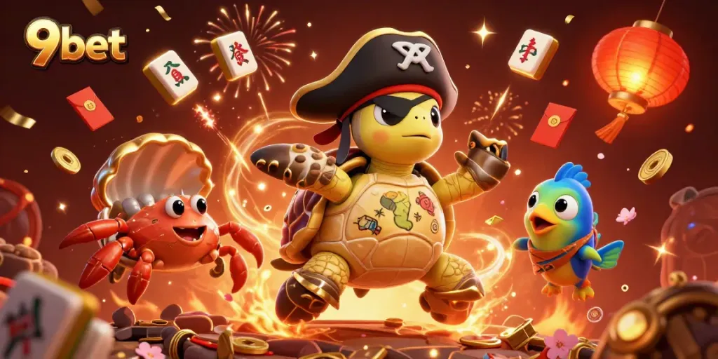 Engage with 9bet online gaming magic featuring our playful pirate turtle, treasures, and festive elements.