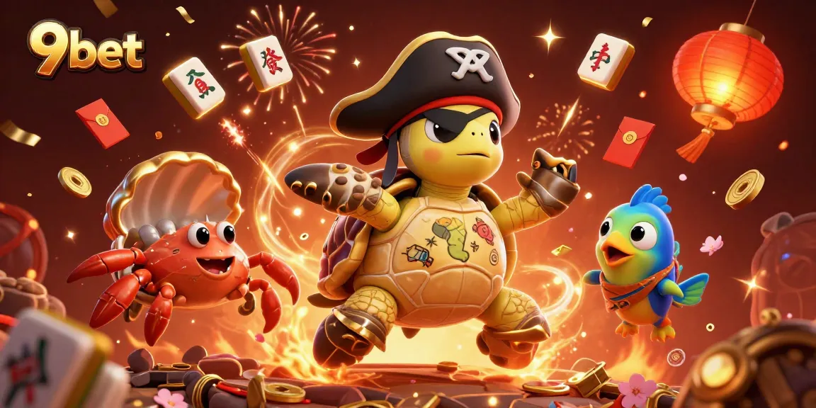 Engage with 9bet online gaming magic featuring our playful pirate turtle, treasures, and festive elements.