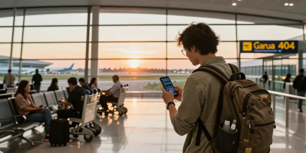 Traveler checking flight status for garuda 404 at airport terminal during golden hour.
