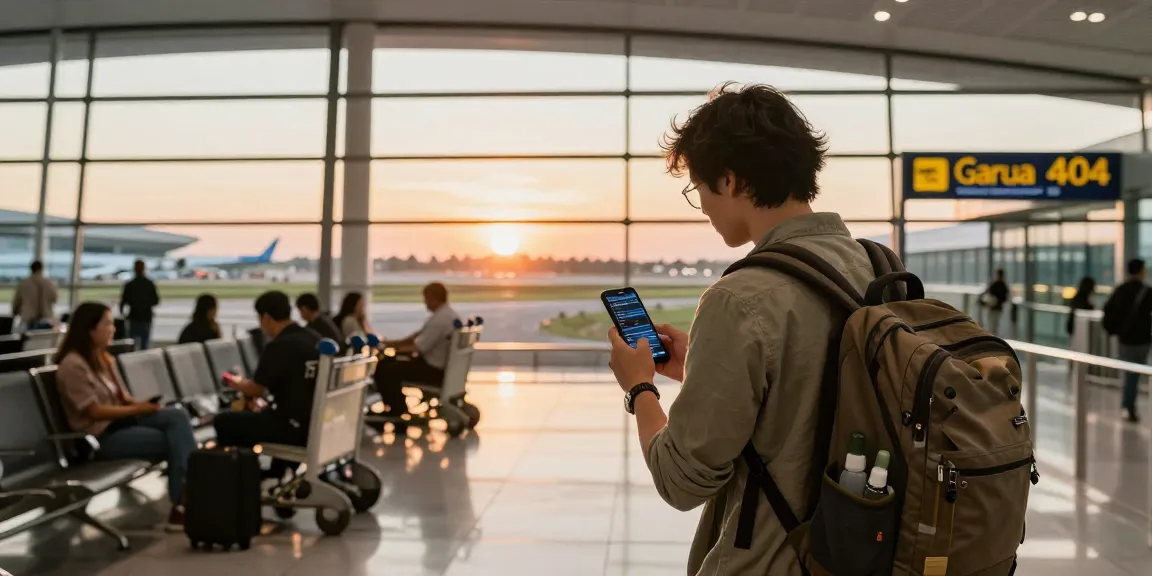 Traveler checking flight status for garuda 404 at airport terminal during golden hour.