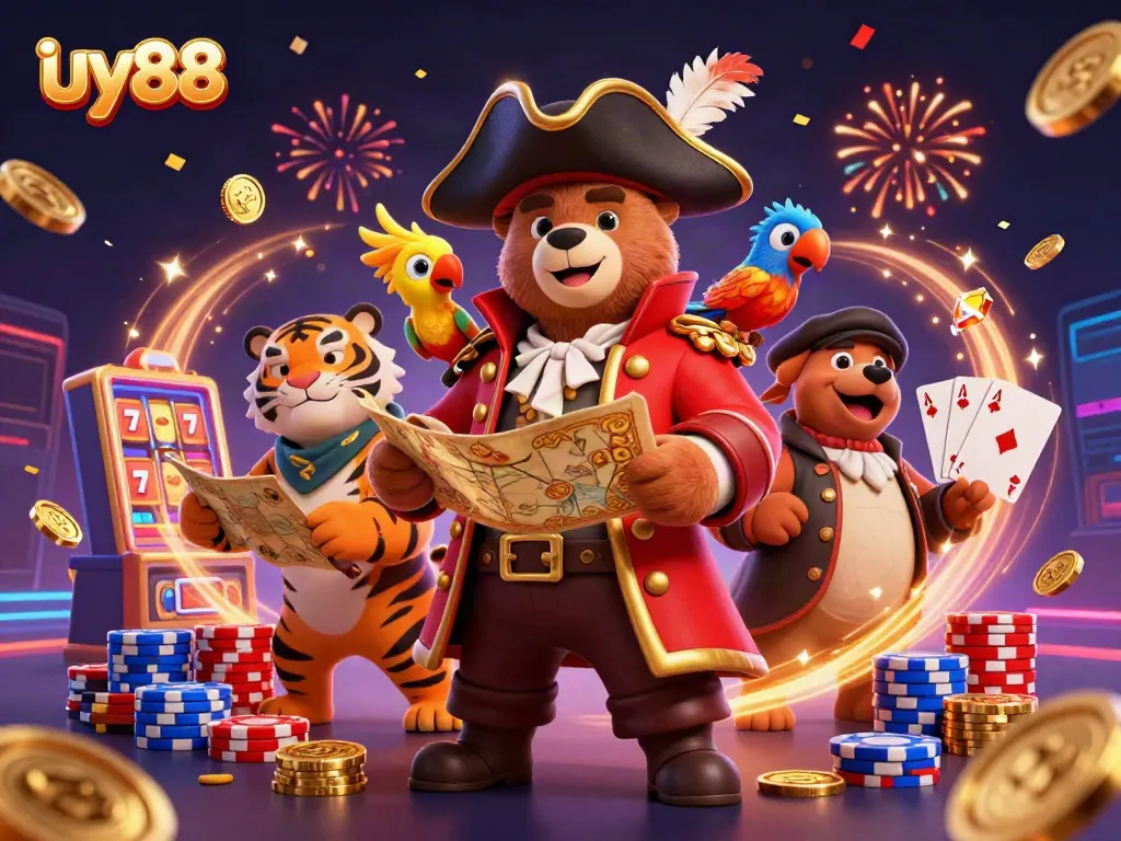 Experience thrilling wins with uy88's 3D pirate adventure, featuring vibrant slots and festive casino elements.