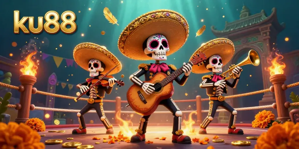 Experience vibrant ku88 gaming energy with a skeleton mariachi band playing amongst gold coins and festive decor.