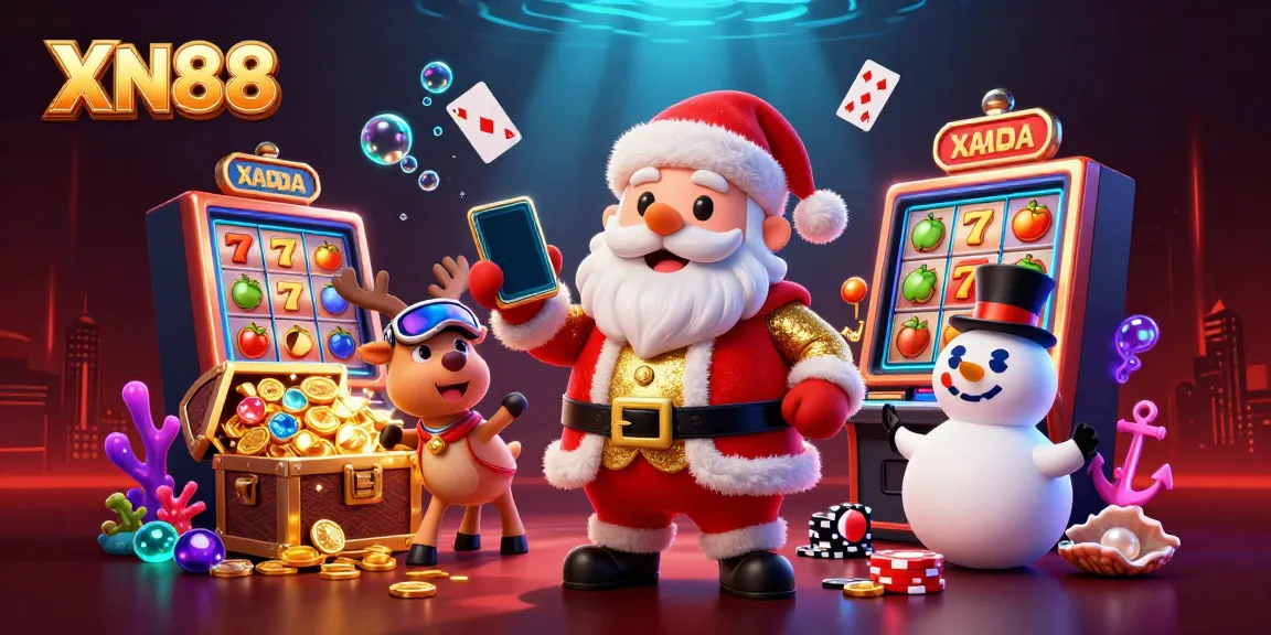 Experience XN88's vibrant casino scene with Santa, his reindeer dealer, and a poker chip snowman.
