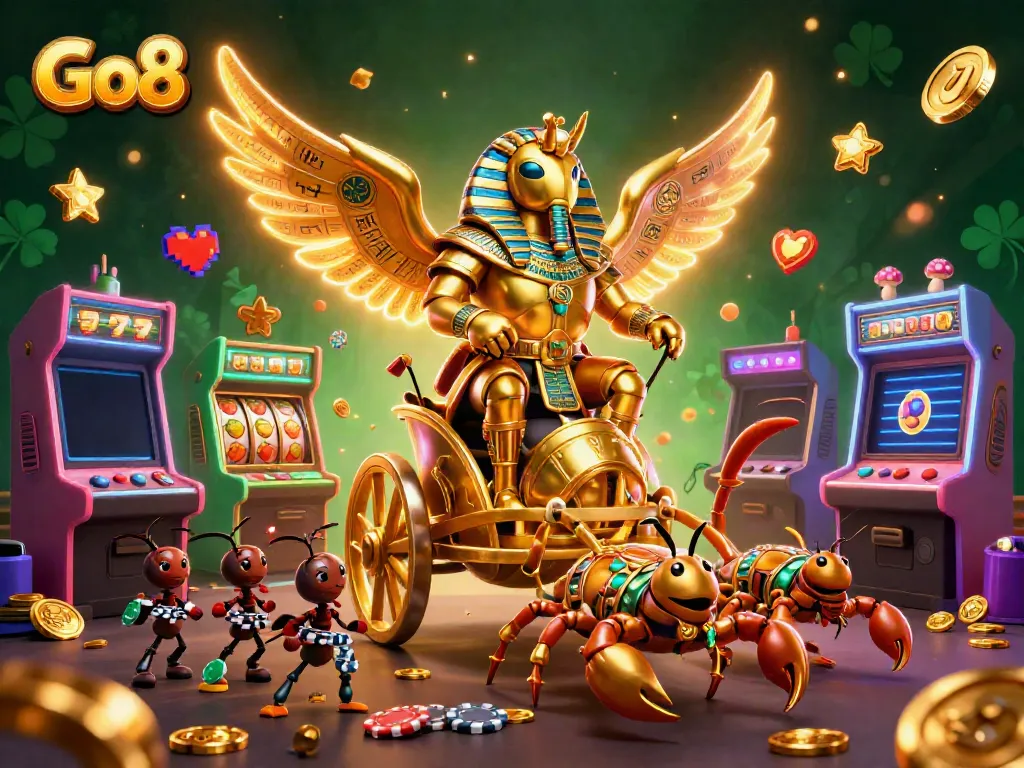 Go8 brings excitement with a golden scarab beetle in a casino-themed game scene full of slot elements.
