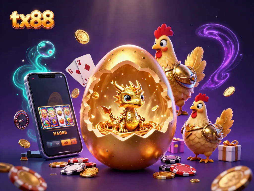 Engage with tx88's exciting atmosphere as a baby golden dragon emerges from a nest of poker chips amidst vibrant casino elements.