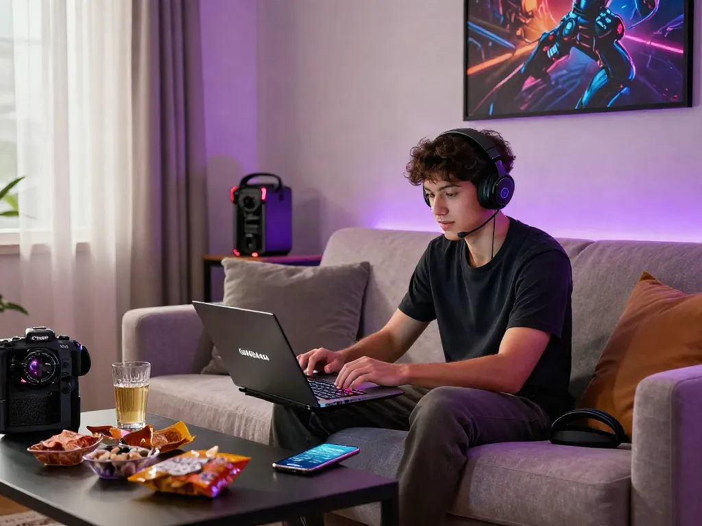 Gamer enjoying GARUDA404 on a laptop in a cozy living room with gaming setup.