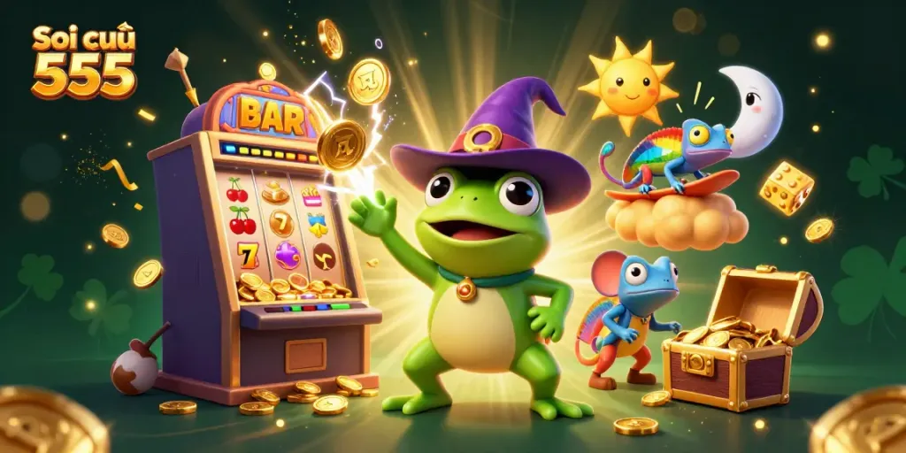Engage with thrilling Soi cầu 555 dynamics featuring playful characters amidst a colorful casino scene with coins and jackpots.