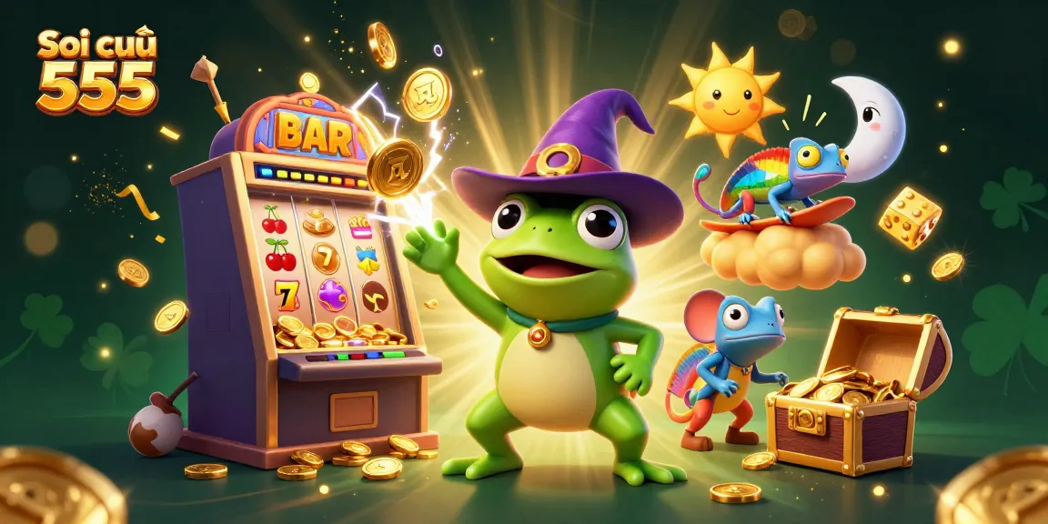 Engage with thrilling Soi cầu 555 dynamics featuring playful characters amidst a colorful casino scene with coins and jackpots.