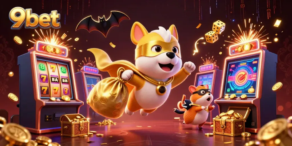 Experience exciting wins with 9bet in this dynamic casino-themed illustration.